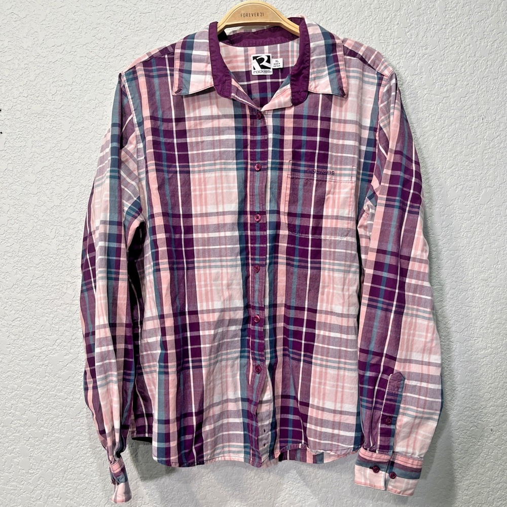 Rockies Button Down Shirt Womens XL Purple Pink Plaid Western Cotton Long Sleeve